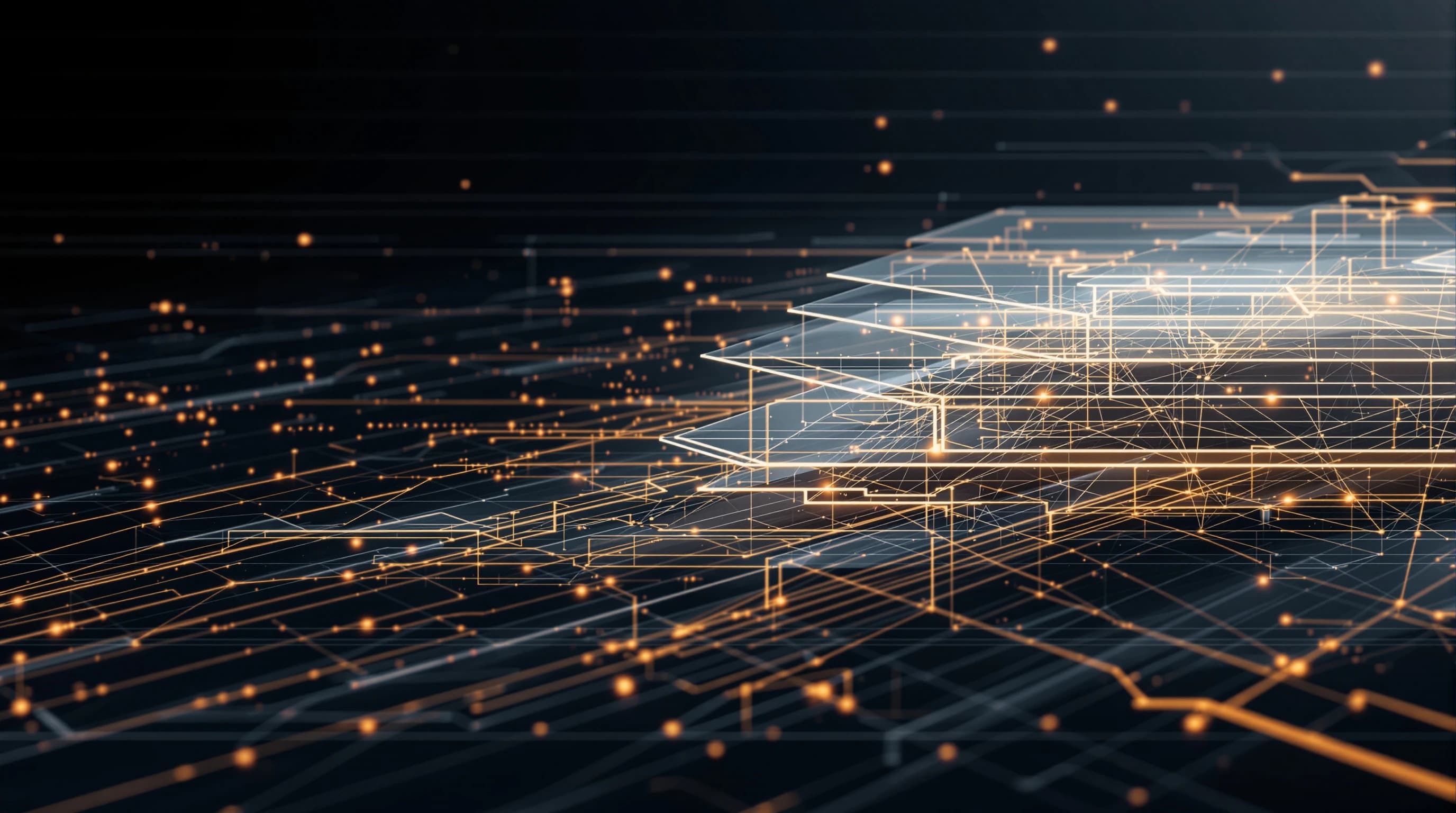 Abstract architectural visualization with layered transparent planes, interconnected nodes, and flowing data streams on a dark background, representing enterprise AI infrastructure and governance frameworks.